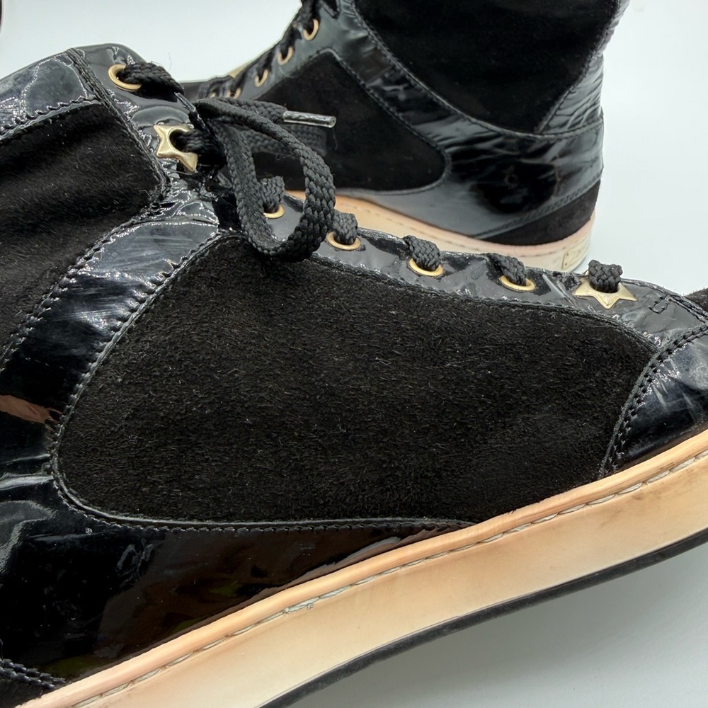 Jimmy Choo Black Suede & Patent Leather High-Top Sneakers Gold Eyelets Size 35.5 - Picture 15 of 16